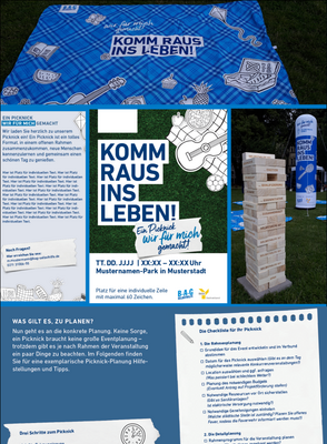  Collage mit den Materialien zur Kampagne „Komm raus ins Leben! Ein Picknick wir für mich gemacht!“ - Picknickdecke, Flyer- und Plakat-Vorlage, XXL-Jenga-Spiel, Werbesäule, Leitfaden