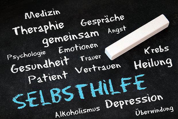 Bild Selbsthilfe Kreide auf Tafel mit verschiedenen Selbsthilfe-Themen