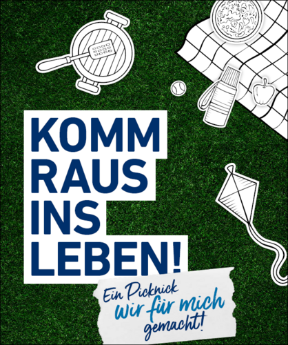 „Komm raus ins Leben! Ein Picknick wir für mich gemacht!“ - Text auf Wiesen-Hintergrund mit picknick-spezifischen Papierschnitt-Elementen