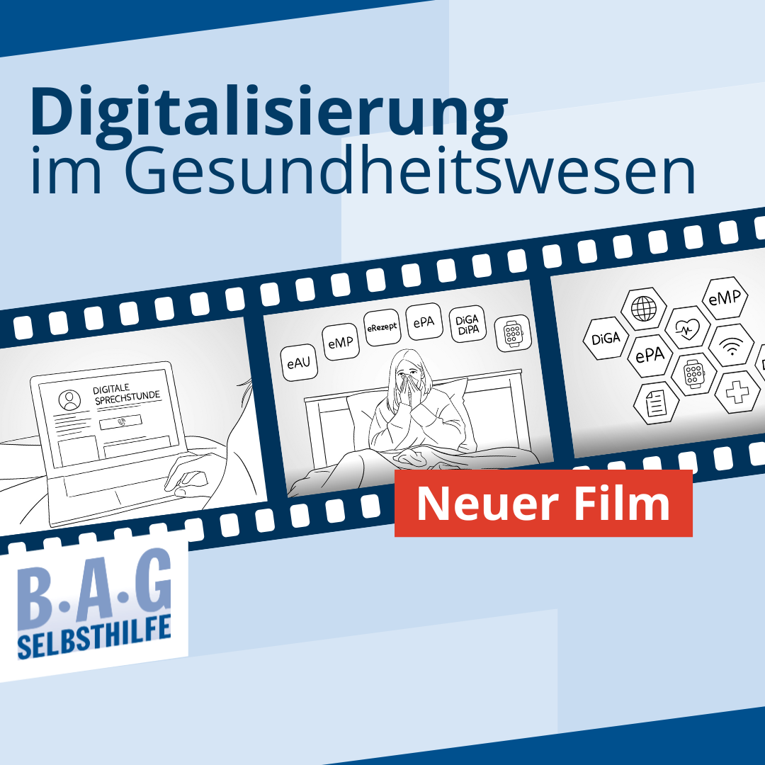 Auf blauem Hintergrund ist ein Filmstreifen mit Überschrift zu sehen. Dort steht: Digitalisierung im Gesundheitswesen. Neuer Film. Im Filmstreifen sind Zeichnungen eines Computers, einer erkrankten Person im Bett und Icons verschiedener Gesundheitsanwendungen zu sehen.
