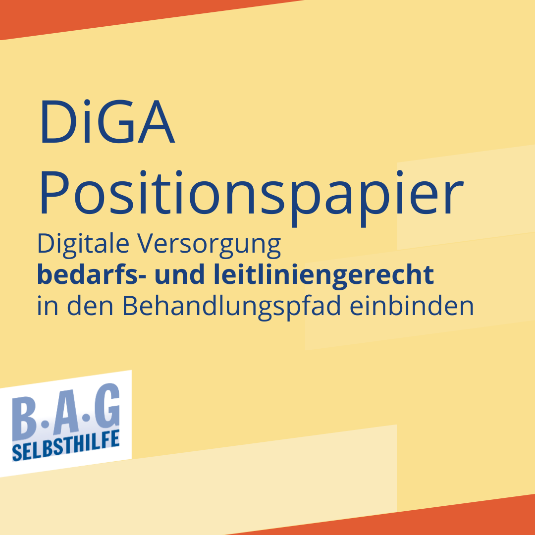 Text auf gelbem Hintergrund: DiGA Positionspapier. Digitale Versorgung bedarfs- und leitliniengerecht in den Behandlungspfad einbinden.